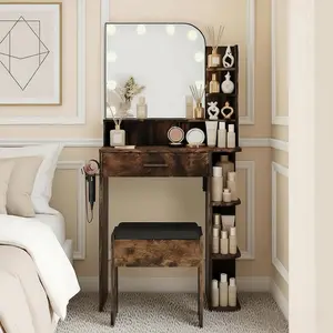 Makeup Vanity with Chair, Small Vanity Desk with Mirror and Lights 3 Colors, Girls Vanity Set with Power Outlet, Compact Vanity Table for Small Space, Vintage Brown