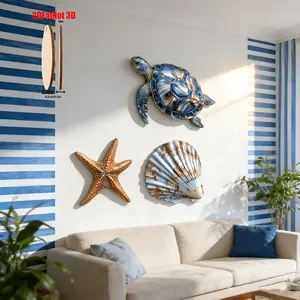 2dp Wooden Wall Decor Set, Turtle Shell Starfish Ocean Style, Suitable for Living Room Kids Bedroom Bathroom Coastal Art