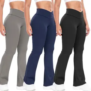 Women's Solid Color Crossover Flare Leggings High Waisted Casual Stretchy Workout Yoga Pants for Athletic Outfits and Running Stylish Activewear
