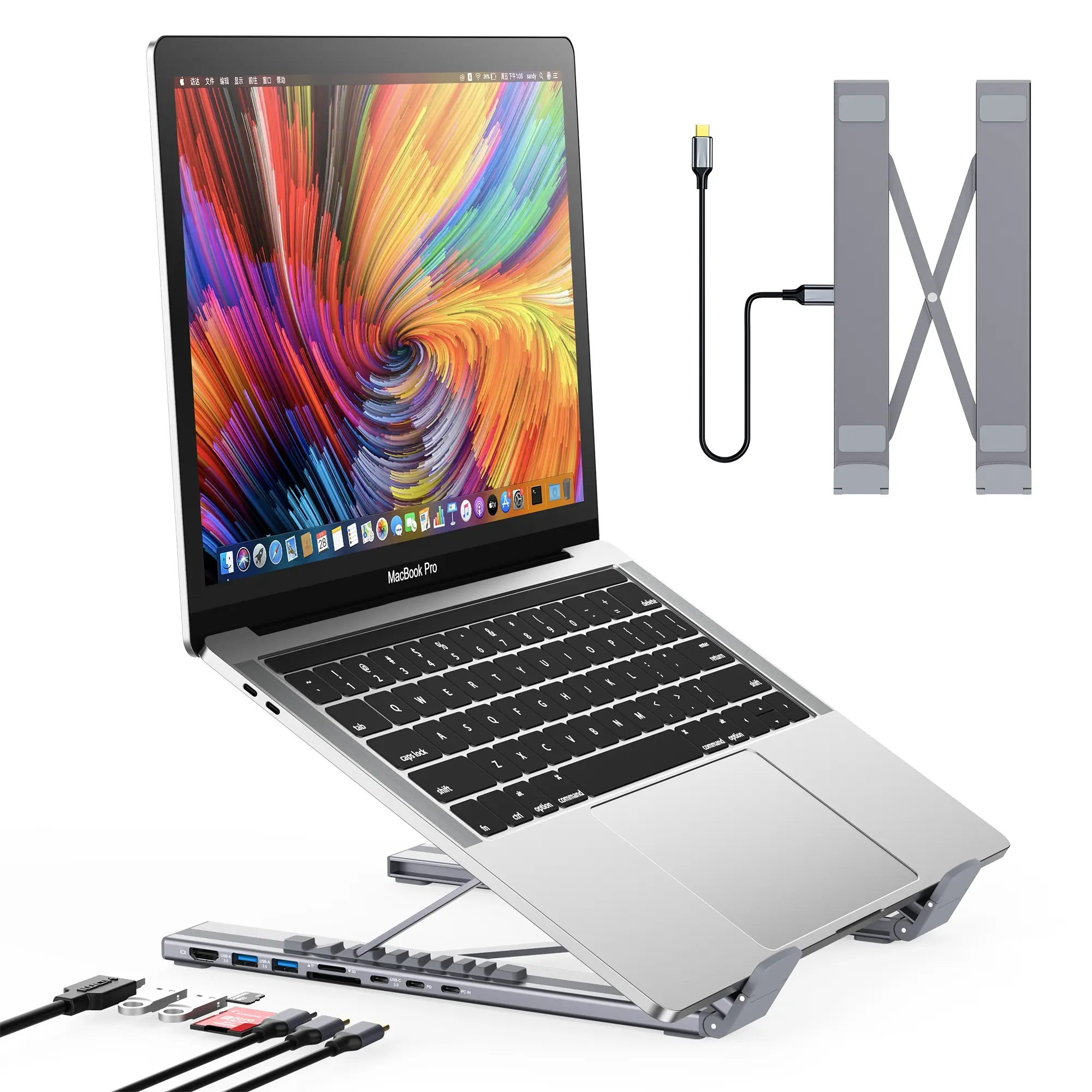 Laptop Docking Station Stand, Laptop Stand With Docking Station, USB C Dock Tablet Stand, [8 in 1] USB C Hub, 2 USB 3.0, PD 100W, Universal Dock Station for MacBook Pro/Air, Dell, HP, Plug and Play, Macbook Accessories