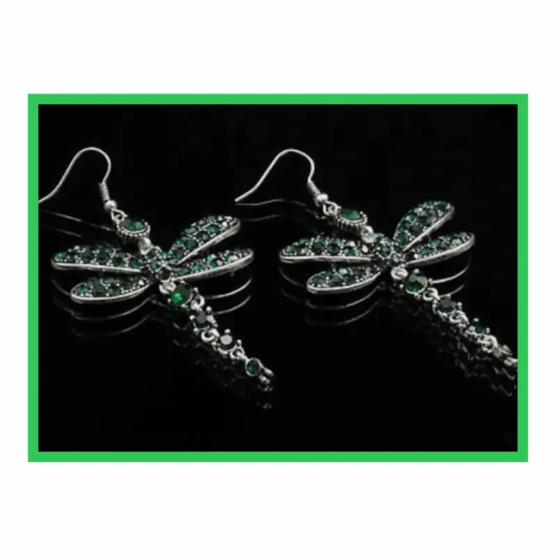 Absolutely Stunning Emerald Green Rhinestone Dragonfly Earrings Silver Tone Dangle Hypoallergenic Hooks Nickel and Lead Free Sparkles