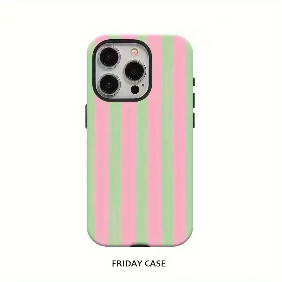 Stylish Smartphone Cellphone Case - Pink & Green Striped Color Block, 2-In-1 Protection Accessories, Compatible with iPhone 16 Pro Max,15 Pro,13,11,12,XS,8 Plus,7 & Samsung Galaxy S25