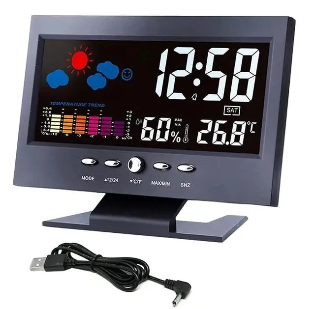 5.91" x 3.39" x 0.98" Multi-Function Rectangular LED Digital Clock - Battery-Powered, USB Charging, Snooze, Calendar, Thermometer, Hygrometer, Weather Display, ABS Shell, Acrylic Details, On-Off Switch, Modern Home Decor for Bedroom Home Supplies