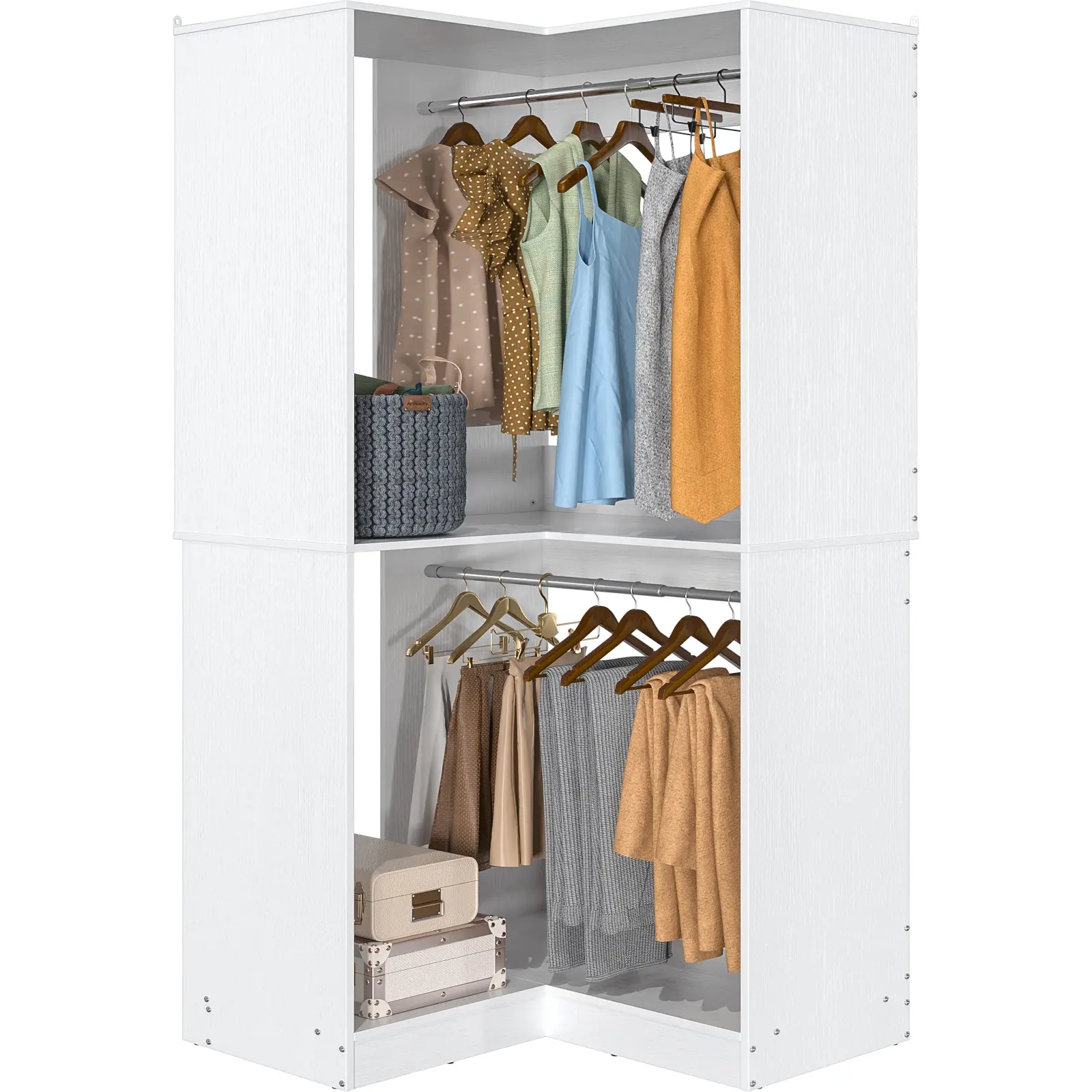 Aheaplus Corner Closet System, 32 Inches Wide Wood Corner Unit with 2 Hanging Rods and All Hardware Kits, 3-Tier 80'' Height Corner Wood Closet Tower