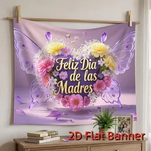 1PC,2D Flat Spanish Feliz Dia de las Madres Backdrop, Family Photo Decor Hanging Cloth, Party Decoration Background Wall, Warm Purple Butterfly Flower Pattern