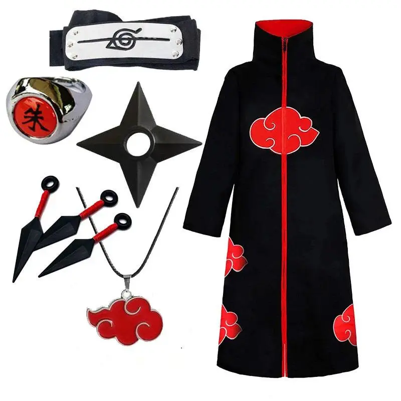Akatsuki Uchiha Itachi Cloak for Adult Long Black Robe Capes Halloween Carnival Cosplay Costume with Accessories