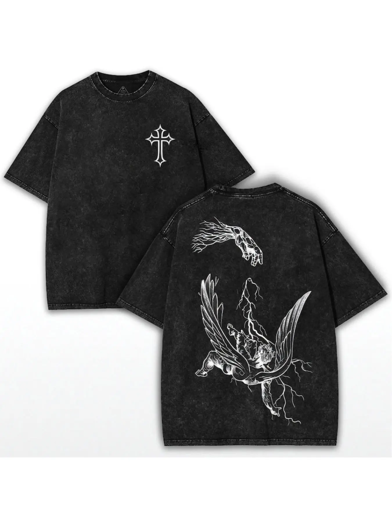 Men's Vintage Distressed Cotton Tshirt - Casual Shortsleeve Menswear Top with Streetwear Angel-Devil Graphic, Heavy Festive Front and Back Retro Prints, Fitted Cut, Figure Print, All Season, Crew Neck, T-Shirt, Round Neck, All Seasons, Cute, Christmas, No