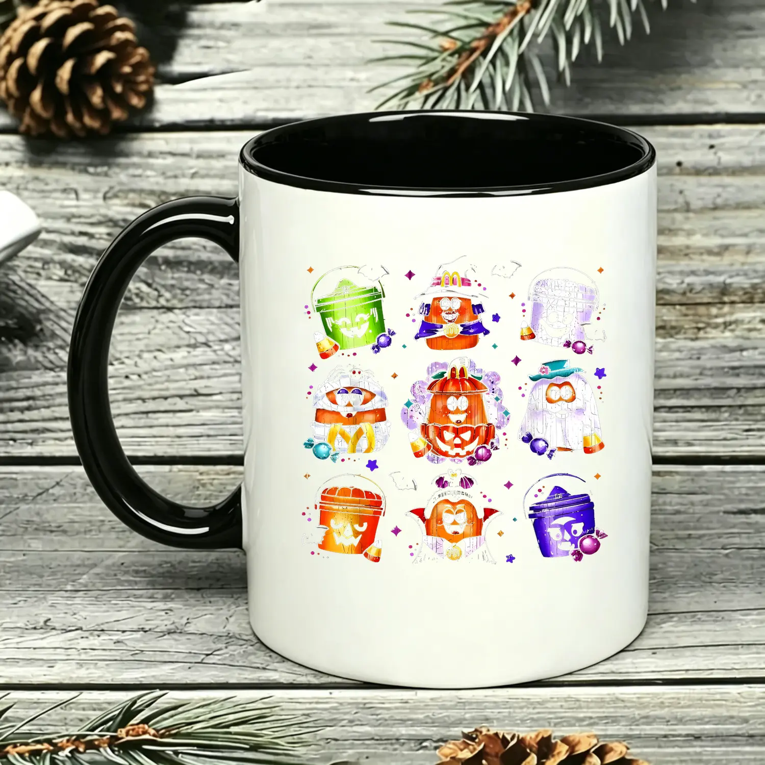 11oz Halloween Graphic Ceramic Mug, Chicken Nuggets and Pumpkin Pattern, 90s Vintage Style Coffee Mug, Ideal Home Decor & Gift