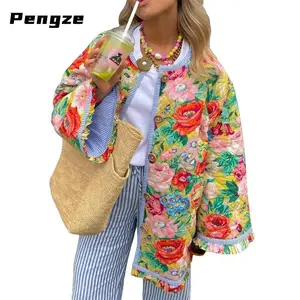 Women Winter Loose Quilted Jacket Floral Print Button Down Long Sleeve Padded Coat Warm Outwear Womenswear Casual Outdoor Polyester