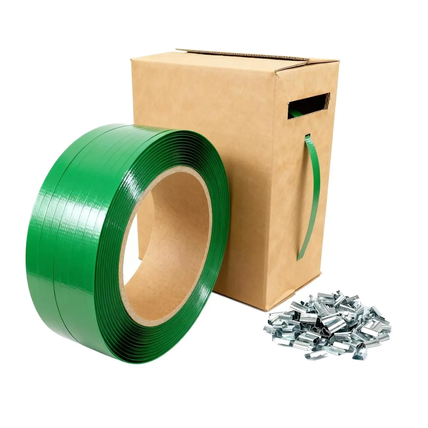 PET Packaging Banding Strapping Roll - 1017' x 5/8" Pallet Strap Coil | 1500 lb Strong Break Strength, Heavy Duty Plastic Strapping with 100 Buckles and Self Dispensing Box Kit