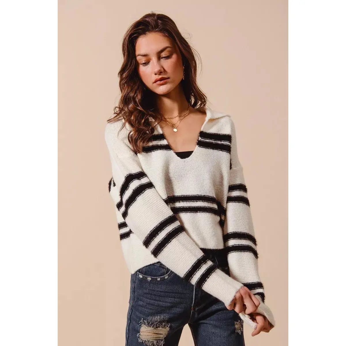 SO ME Fuzzy Hairy Stripe Deep U Neck Sweater