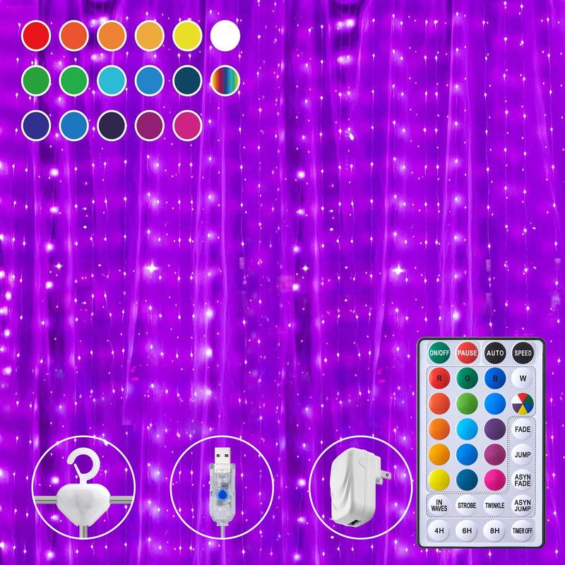 Brightown 16 brilliant colors and 3 colored lights - 250 LEDs 9.8 X 8.8 feet fairy light string, 7 modes flashing lights with remote control, background wall hanging drip lights for bedroom backyard Halloween Christmas decoration Lighting