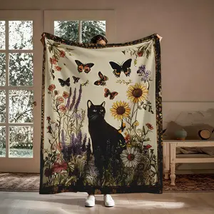 Gifts for Cat Lovers Soft Cozy Flannel Throw Blanket, Cat Mom Gifts for Birthday Christmas, Black Cat Butterfly Floral Blanket, Lightweight Breathable – Perfect Holiday Gift for Cat Owners