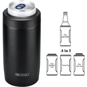 4-in-1 Skinny Can Cooler Double Wall Stainless Steel Insulated Can Holder, Works With 12 Oz Slim Can,Standard Cans,Beer Bottles & As Pint Cups(Black)