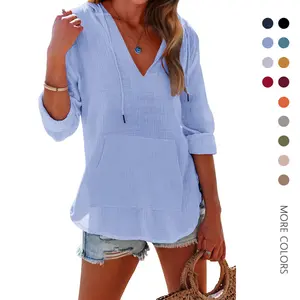 Danedvi Women's Beach Cover Up hoodies sweatshirt Long Sleeve V Neck Pocketed Hooded Shirt Top Black Casual