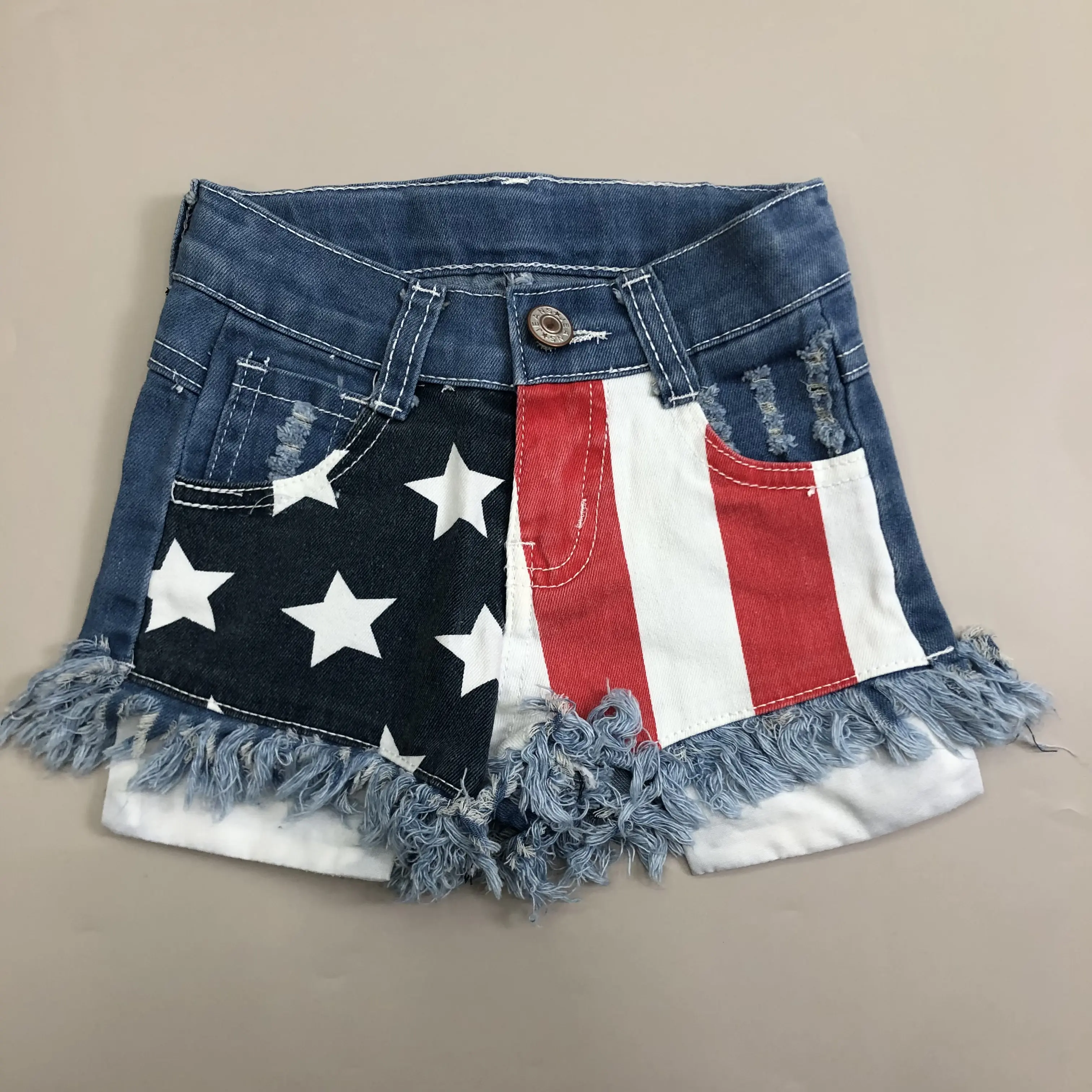 Girls' Patriotic Printed Jean Shorts, American Flag Distressed Denim with Frayed Hem for 4th of July, Printed Jeans Girls' Shorts, High Waisted Shorts, 5% Spandex, Comfy Flex