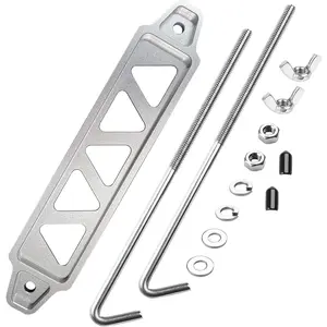 Battery Hold Down Sets With Billet Aluminum Battery Tie Down Bracket and 18-8(304) Stainless Steel J bolts Silver 10 inch bolts