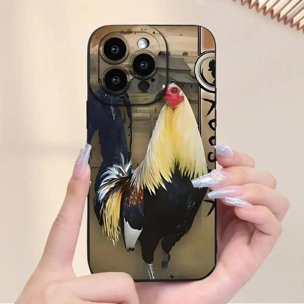 Vibrant Rooster Pattern Shockproof Cellphone Casing, Slim Fit Matte Durable Fully Wrapped Black Cover with Transparent Lens, Easy Install Anti-Drop Anti-Fingerprint for iPhone 11,12,13,14,15,16,17 Pro,ProMax,Plus,Air & Samsung S22 Phone Accessories