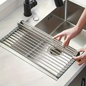2pcs Roll Up Dish Drying Rack Over the Sink, Multipurpose Stainless Steel Kitchen Drainer Mat, Foldable Space Saving Sink Organizer for Dish Fruit Vegetable, Rust Resistant Portable Drying Rack for Kitchen RV Camping, Heat Resistant Dish Mat, Grey