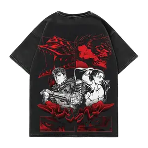 Vintage Washed Black Graphic T-Shirt, Men’s Oversized Streetwear Tee with Red Black Warrior & Monster Print, Soft Cotton Loose Fit Casual Daily Wear