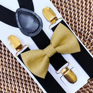 Gold Bow Tie & Black and Gold Suspenders Set
