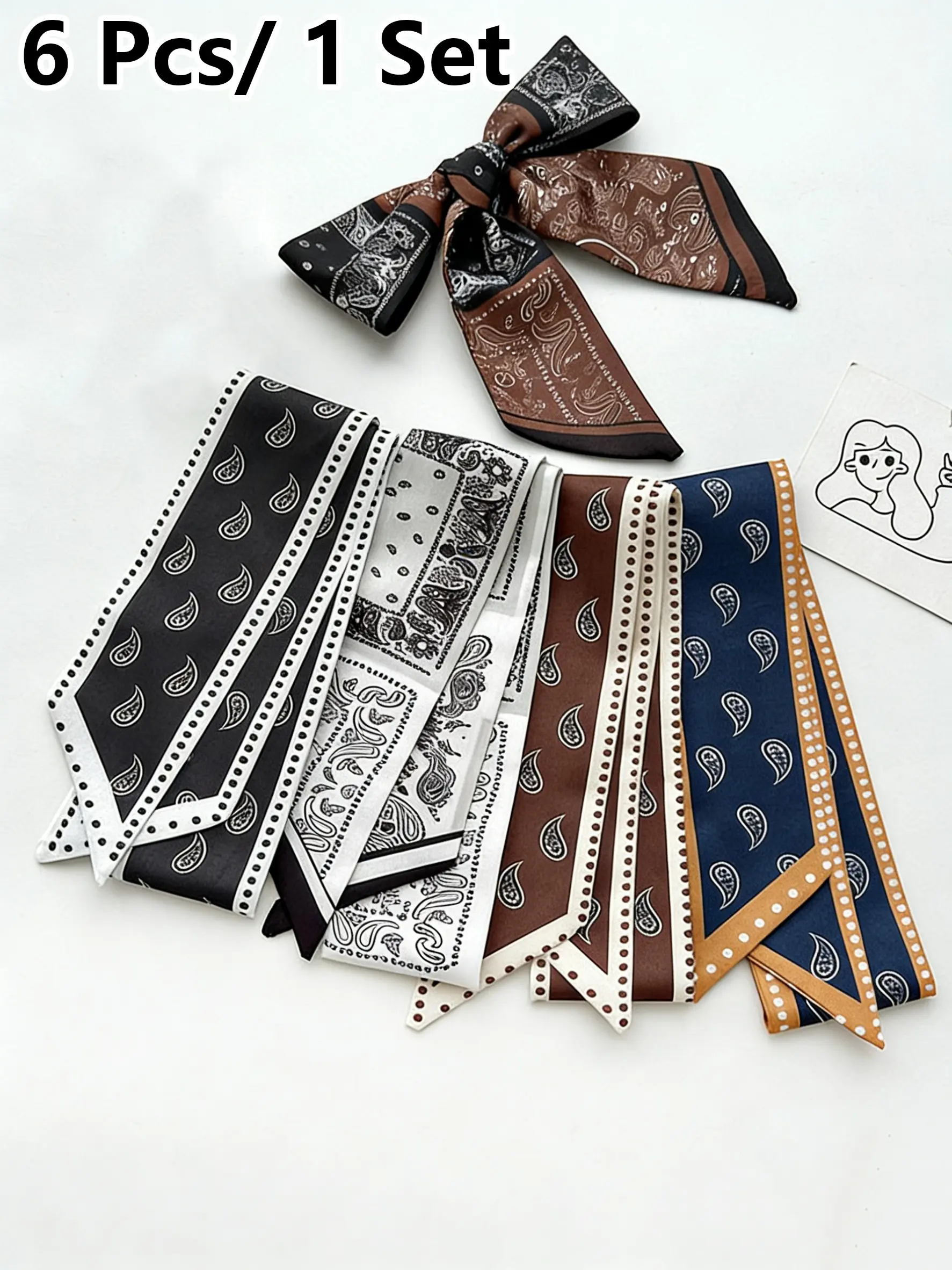 6 Pcs / 1 Set Elegant French Walnut Style Polyester Scarf Set, Vintage Hairband, Vintage Print Headscarves, Woven Ribbon, Multifunctional Scarf, Bag Accessory, Women and Girls, Seamless Bandana, Scarf Head Wrap, Fashion Headscarf