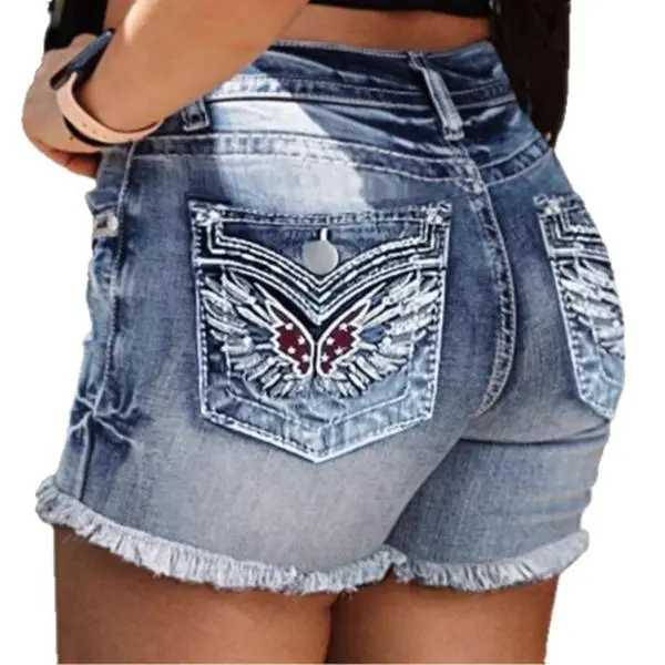 Women's Preppy Washed Denim Ease Jean Shorts - Slim Leg-Hugging Fit, Stretch Cotton, Embroidered Back Pockets, Raw Hem, Button Fly, Fitted, Cotton Blend, Above Knee, Cute, Halloween, H Type, Plain, New Year, Vintage