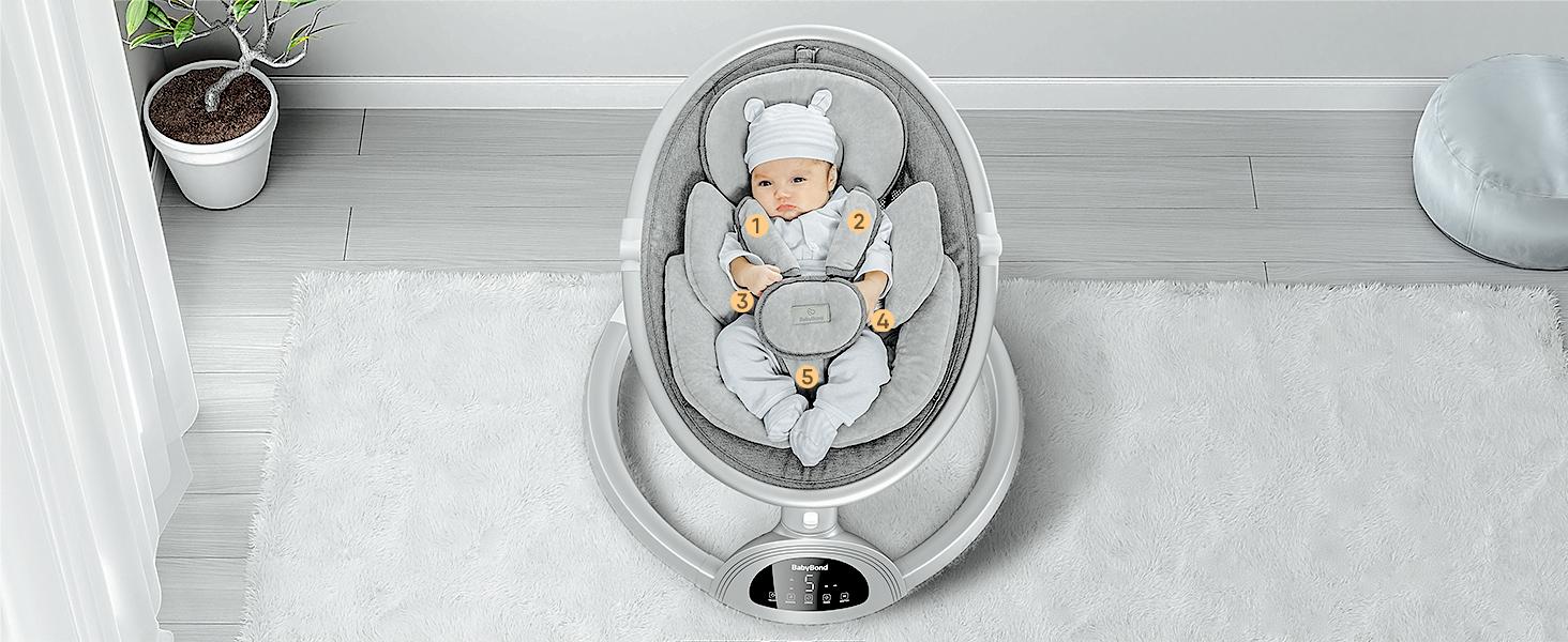 BabyBond Bluetooth Baby Swing for Boys & Girls, Remote Control , 5-Point Harness, 5 Sway Speeds & 10 Lullabies, Portable Swing for Infants, Indoor/Outdoor Use - Grey Baby Rocker for Toddler, Ideal Christmas Gifts for Babies