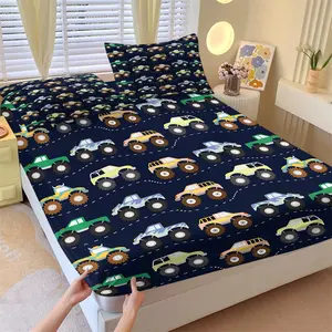 Cartoon Monster Truck Fitted Sheet Set, 1 Fitted Sheet + 2 Pillowcases, Colorful Off-Road Car Print Bedding, Soft, Comfortable & Breathable Microfiber, All Season Use, Deep Pocket, Non-Slip, Wrinkle & Fade Resistant