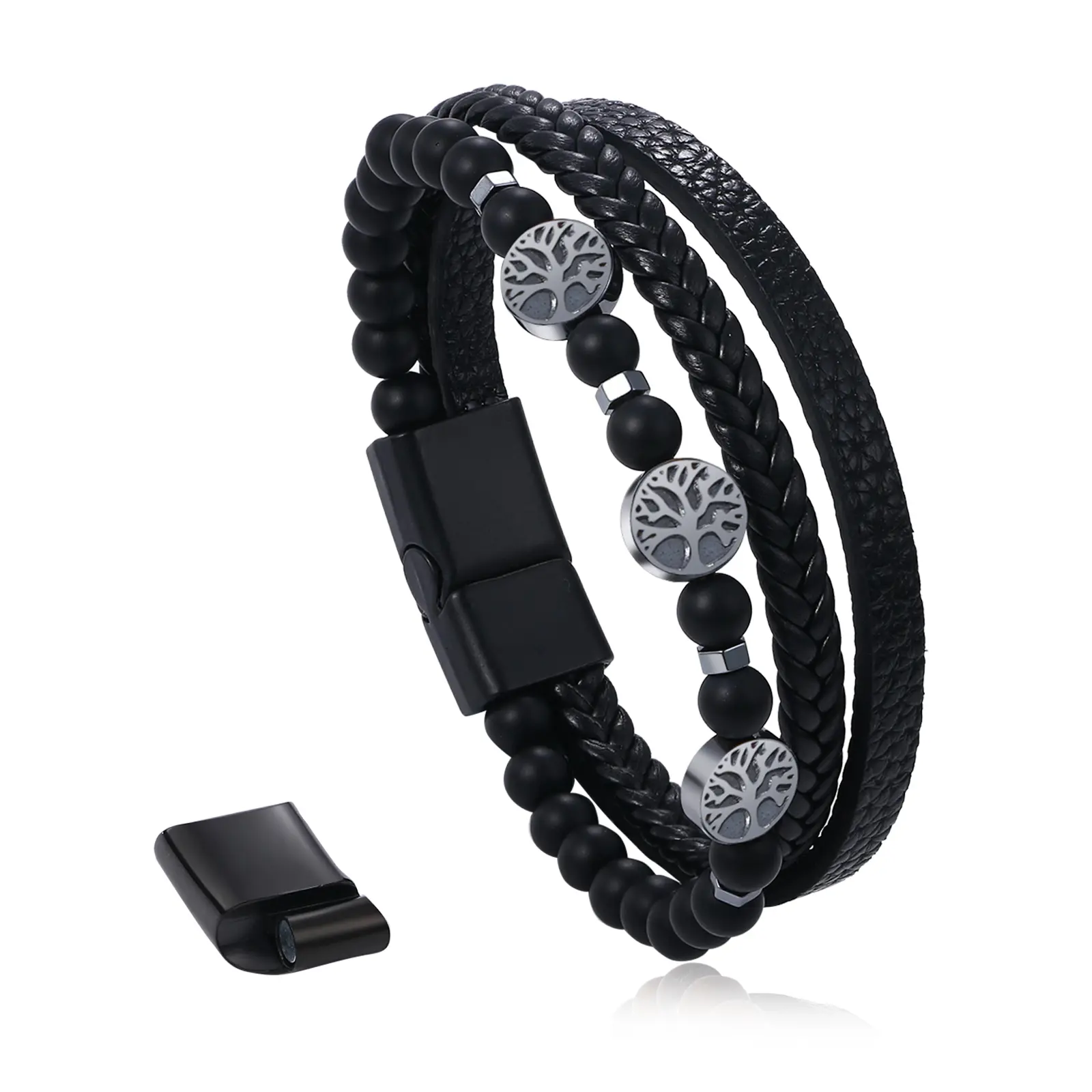 OIDEA Tree of Life Braided Leather Bracelet for Men - Stainless Steel Magnetic Clasp Wristband, Black Stone Jewelry, Masc Style Braided Leather Bracelets & Bangles, Masc Style Bracelets & Bangles