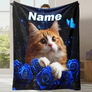 Custom Blanket, Cat Themed Blanket, Custom Blanket Name, Blanket Personalized, Custom Name Cartoon Cat Blanket, Personalized Name Blanket, Blanket for Winter, Blanket for Sleeping, Soft, Camping, Living Room, Sofa