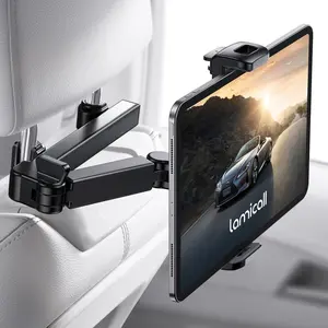 Car Headrest Tablet Mount - [Aluminium Arm] Adjustable Car Tablet Holder, 360° Rotating Backseat Mount for Kids, for Air 6, Mini, Tab, Phones, 4.7-13” Device - Black