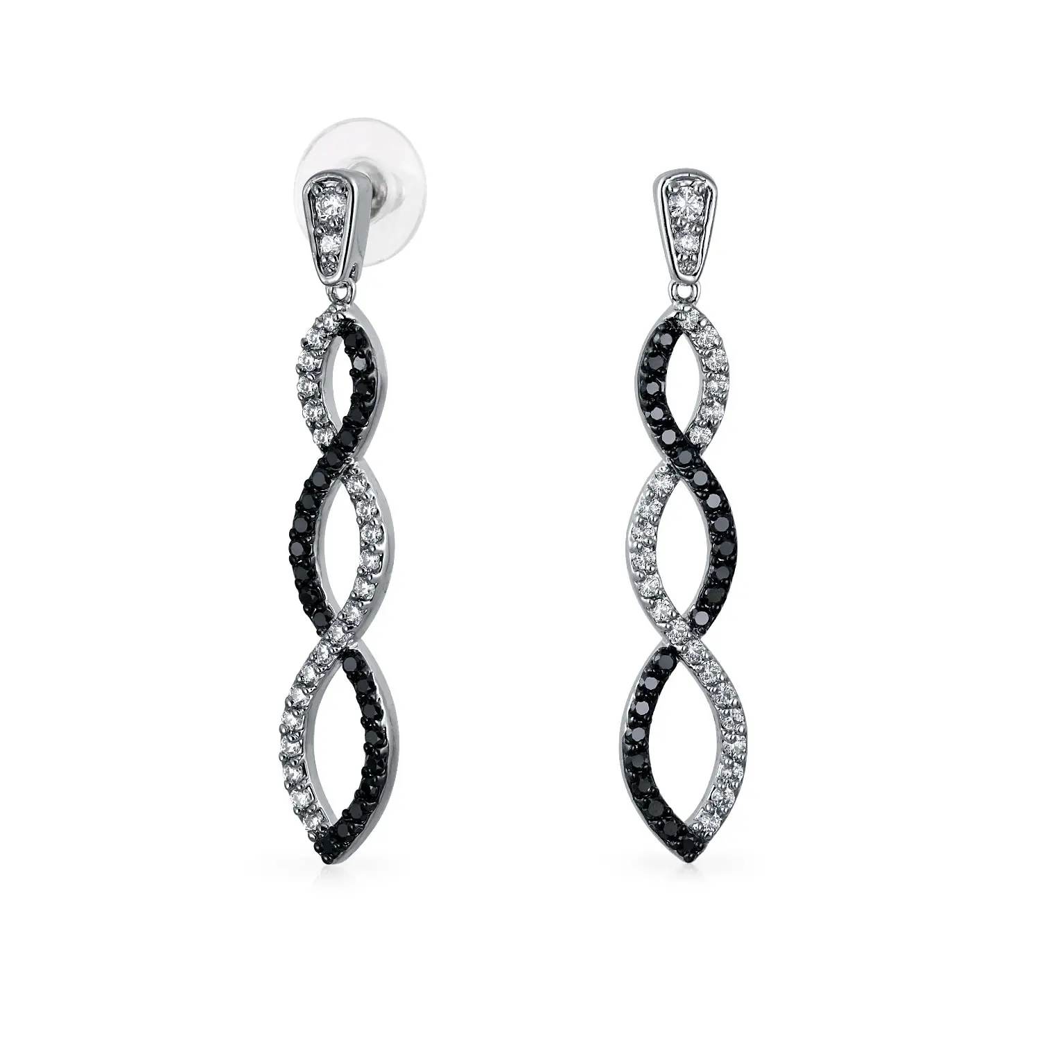 Elegant Cocktail Pave CZ Black & White Twist Long Infinity Drop Earrings