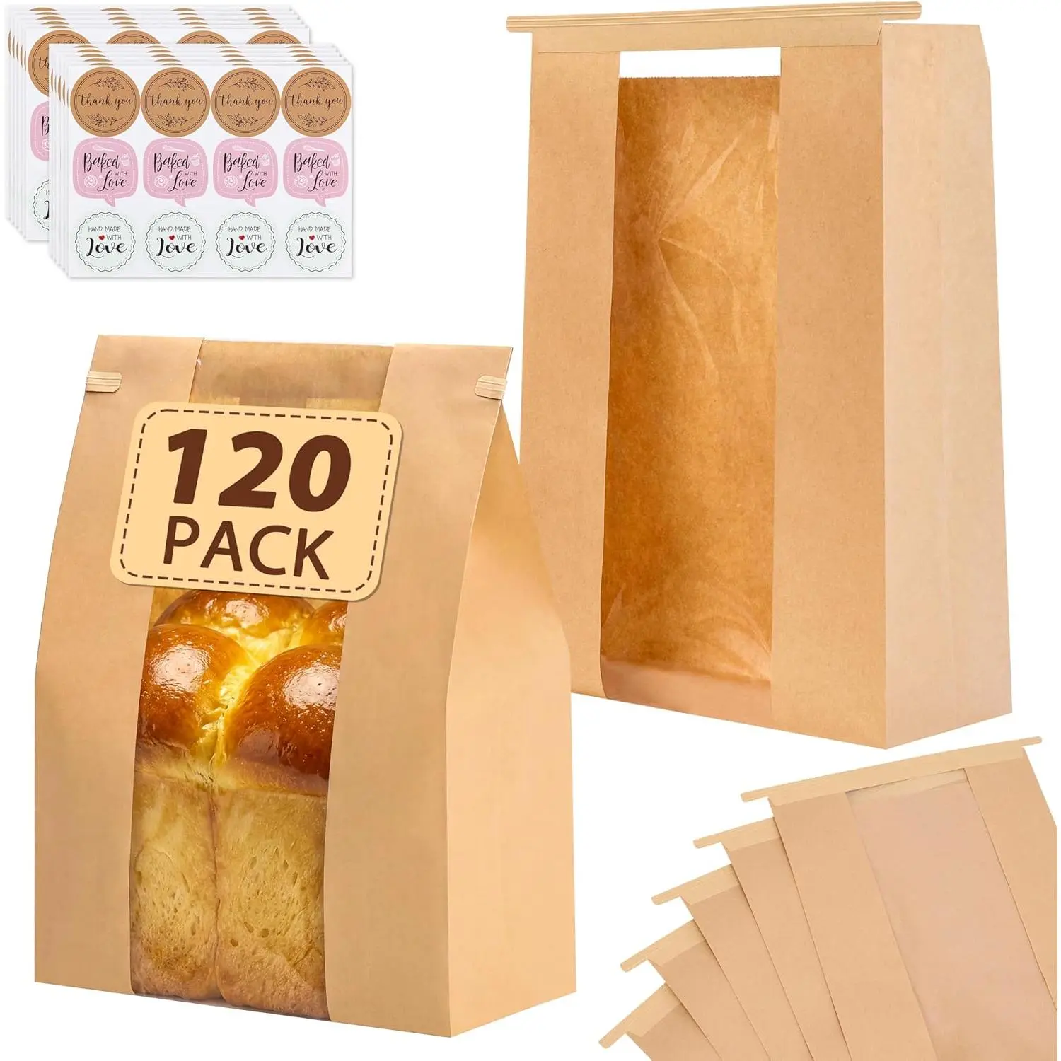 120 Pack Large Paper Bread Bags for Homemade Bread, 13.7x8.3x3.5 Inches, Sourdough Bread Bags with Tin Tie Tab and Clear Front Window, Includes 144 Label Seal Stickers (Brown)