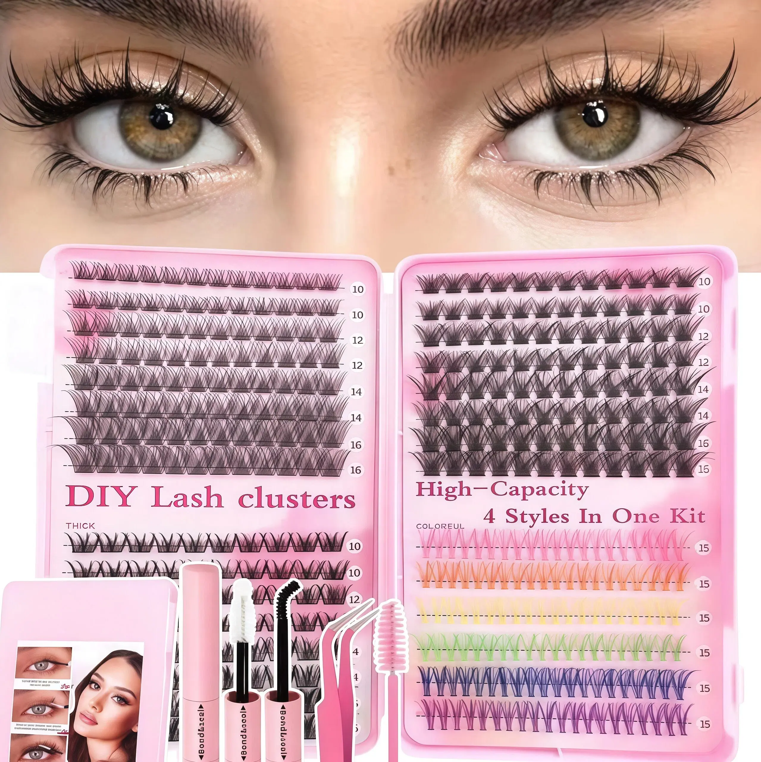 High Capacity DIY Lash Clusters Kit - Synthetic Lightweight Mixed Length Black Wispy & Rainbow Individual Eyelashes, 4-Style All-in-1 Tray with Lash Glue & Tweezer for Daily & Festival Cosplay Cosmetic Makeup, Gentle