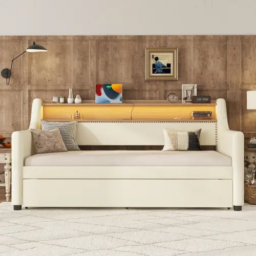 Twin+White+PU Leather+Drag a bed+B