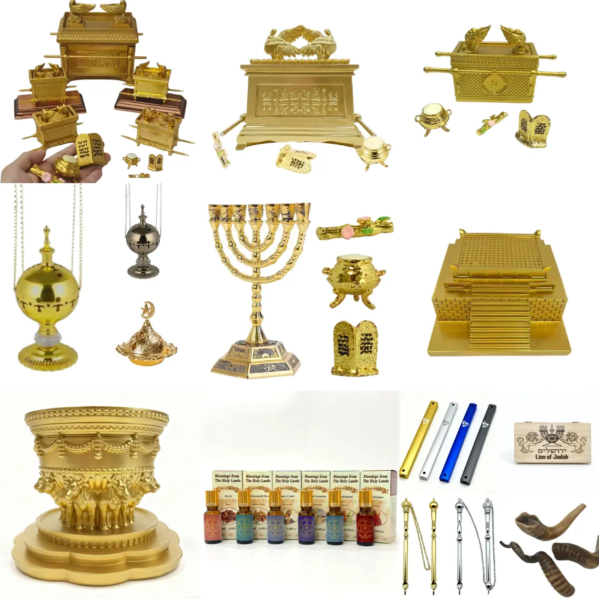 Religious Sacred Jewish Art Collectible Set - Golden Ark of the Covenant, 7-Branch Menorah, Real Shofar Horn, Mezuzah Case, Torah Pointer Yad, Incense Altar, Home Decor Tabletop Biblical Israel Souvenirs