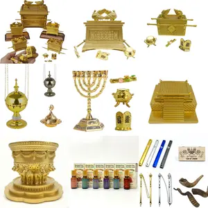 Complete Sacred Jewish Art Collectible Set - Golden Ark of the Covenant, 7-Branch Menorah, Real Shofar Horn, Mezuzah Case, Torah Pointer Yad, Incense Altar Table Top Decoration Biblical Israel Souvenirs