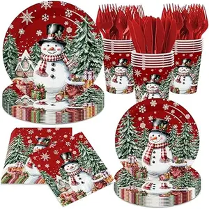 Vintage Christmas Party Supplies Set – 144pcs Snowman Plates, Cups, Napkins & Cutlery, Disposable Winter Holiday Tableware, Xmas Tree Snowman Decorations for Kids & Adults, Festive Red Christmas Dinnerware for Holiday Parties & Celebrations