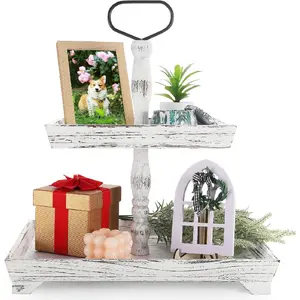 2 Tiered Stand With Metal Handle - Farmhouse Wooden Rustic Square Serving Tray for Home Kitchen Decor, Coffee Table (Distressed White)