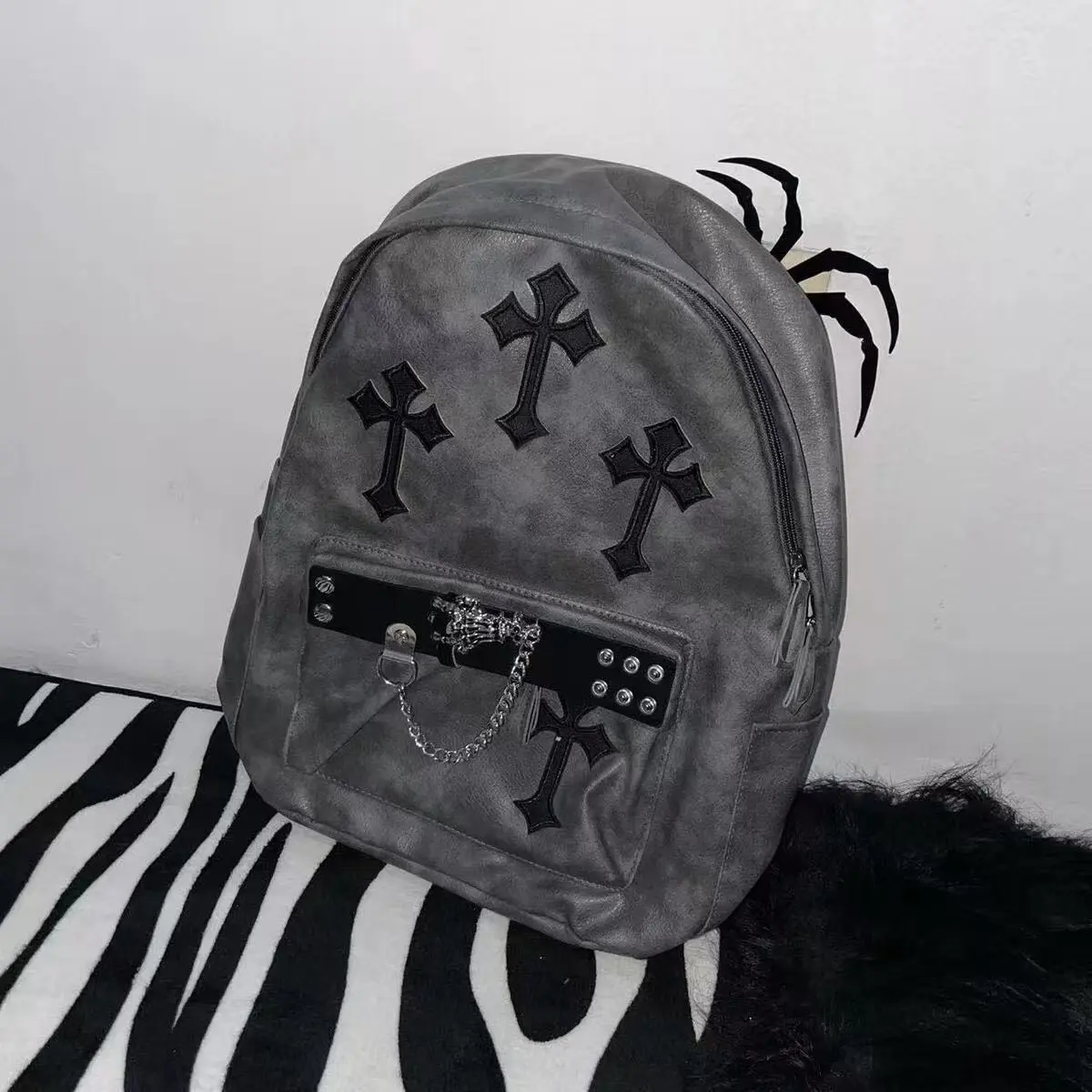 Dark Gothic Cross Patch School Backpack, Distressed Grey Leather Daypack with Metal Chain & Rivet Details for Streetwear & Travel
