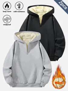 2-Pack Men's Winter Half-Zip Fleece-Lined Hoodie Warm Windproof Cold-Resistant Pullover Gray/Black for Casual Daily Wear