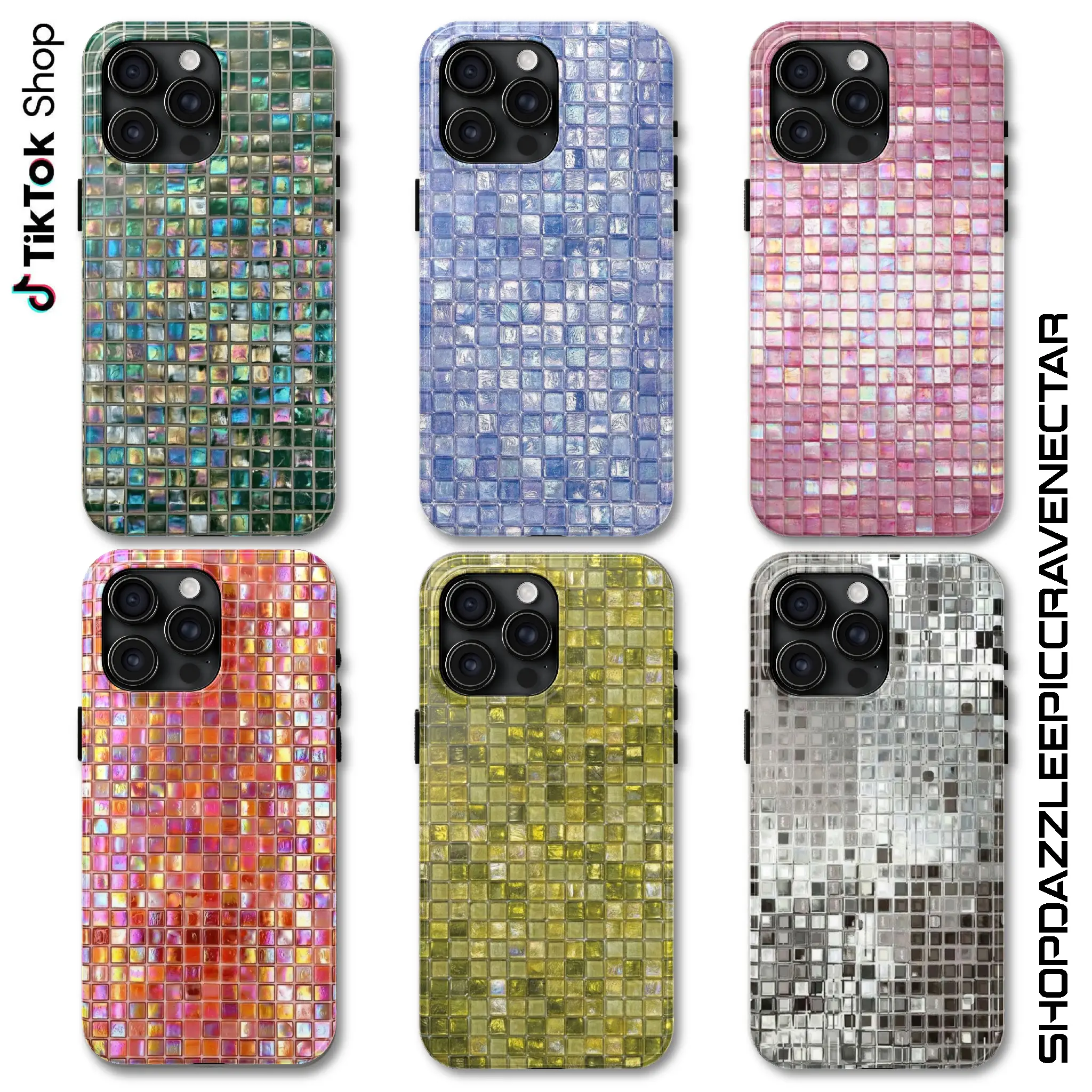 Disco Ball Mosaic Holographic Iridescent Tile Design Phone Case, Shiny Reflective Aesthetic Phone Cover, Pearlescent Mosaic Tile Elegant Pearl Shell Effect 17 Air Pro Max