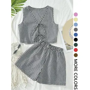 2-piece plaid striped sleeveless crop vest top and high-waisted loose shorts women's casual suit Womenswear