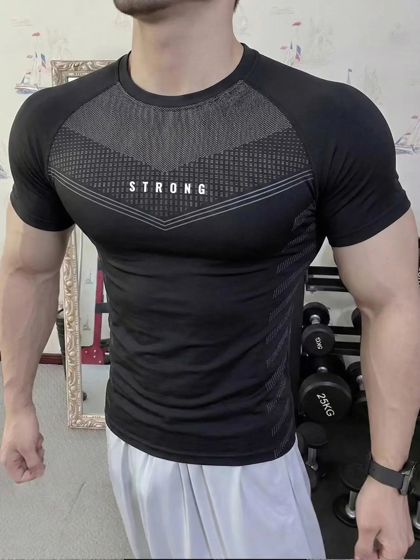 Men's STRONG Graphic Compression T-Shirt, V-Shaped Pattern Workout Tee, Fitness T Shirt, 4-Way Stretch Breathable Athletic Top for Gym Training, Quick Dry Soft Gym Base Layer For Weightlifting, Basketball, Soccer
