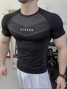 Men's "STRONG" Graphic Compression T-Shirt, V-Shaped Pattern Workout Tee, 4-Way Stretch Breathable Athletic Top for Gym Training,Quick Dry Soft Gym Base Layer For Weightlifting Basketball Soccer Tennis Track And Field Multi Sport.