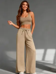 Women's Khaki Linen-Feel Wide Leg Pants - High Waist Drawstring Waist with Pockets, Loose Relaxed Fit for At-Home Lounging, Yoga & Casual Daily Wear