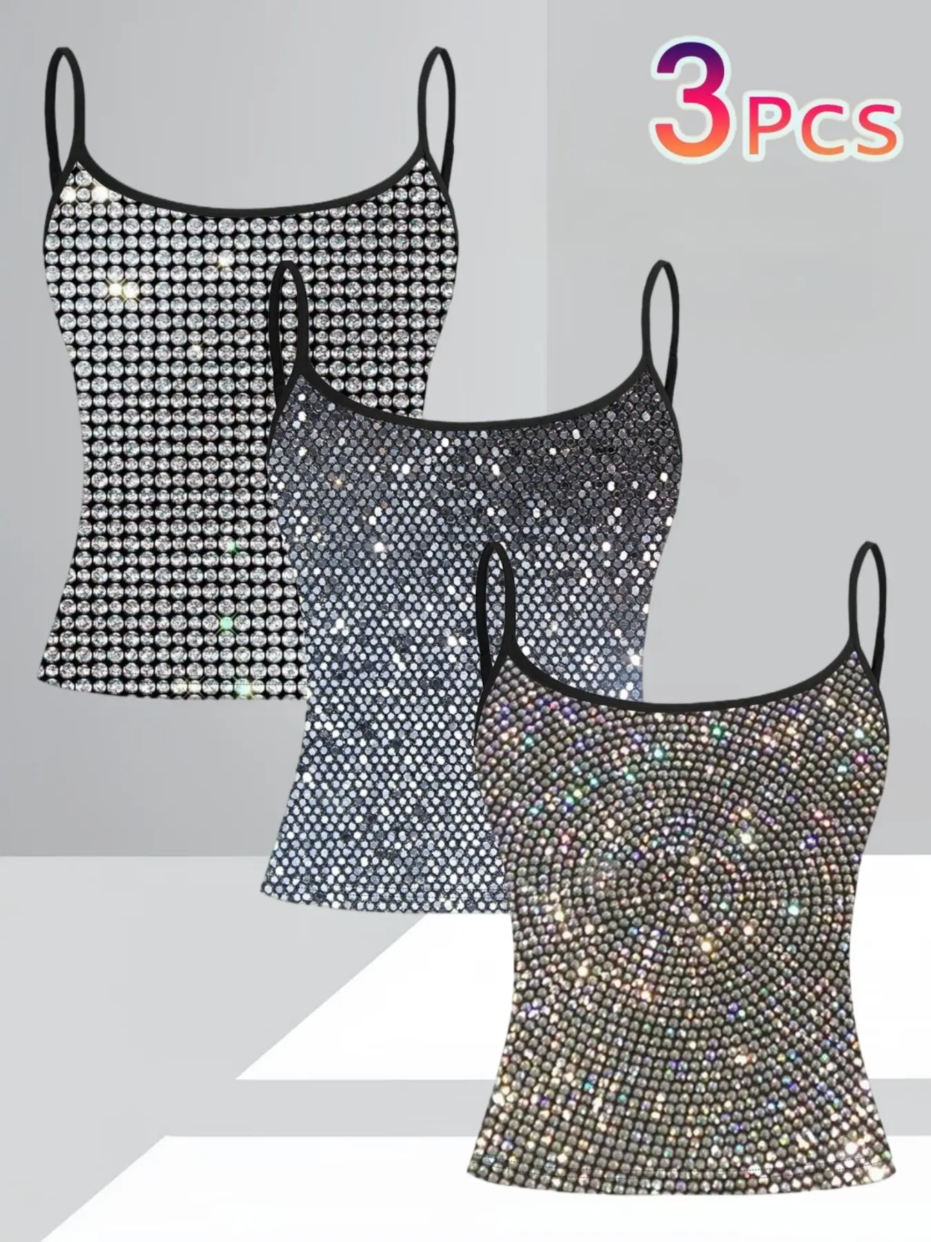 European and American Style Elegant Fashion Chic Feminine Sexy Rhinestone Sleeveless Halter Top, Spaghetti Straps Waist Exposure Design, Slim Fit Women's Formal Evening Party Dress, 3 Pieces Set