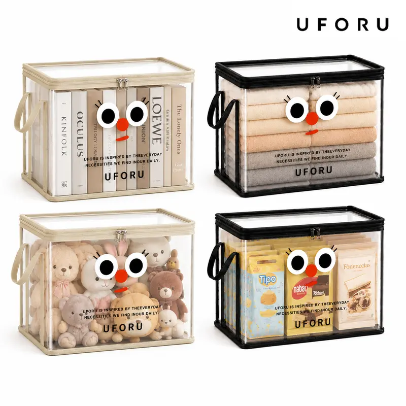 UFORU Set of 2 Eco-Friendly PVC Transparent Collapsible Storage Boxes & Bins - 13.39in x 9.84in x 9.84in, Zippered Foldflat, Stackable, See-At-A-Glance, Home Organizers for Clothes, Students (Classroom Tidy, Home Use)