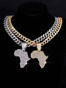 Street Fashion Iced Out Blingling Cuban Chain Necklace, Unique African Map Pendant, Glittering Punk Style Jewelry for Men and Women, Cuban Link Chain, Cuban Necklaces